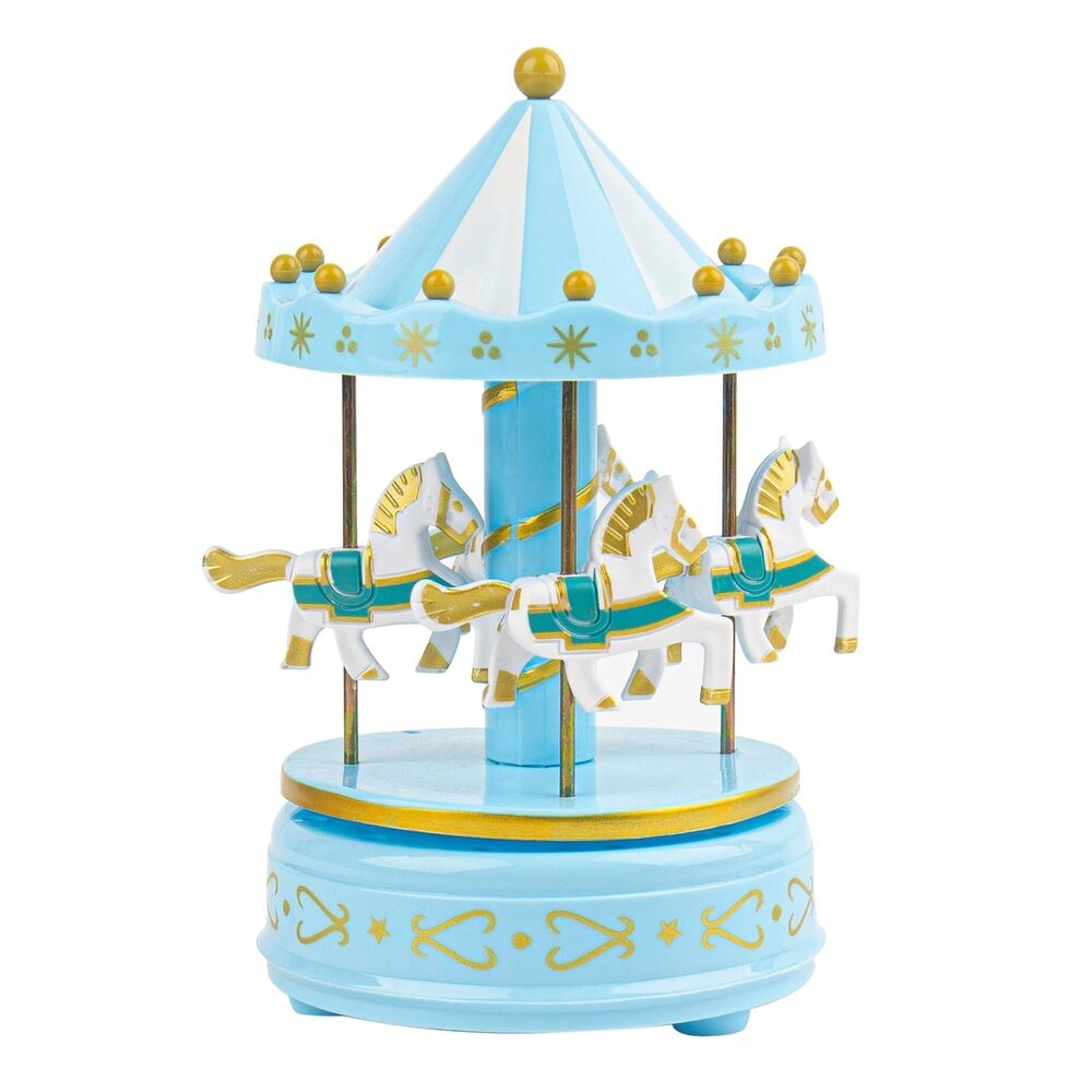 7533 Blue Carousel Music Box Merry-Go-Round Horse Musical Box with 4 Houses